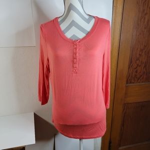 Womens Laura Ashley 3/4 Sleeve Henley neck T-shirt Size large Petite Pink/Coral